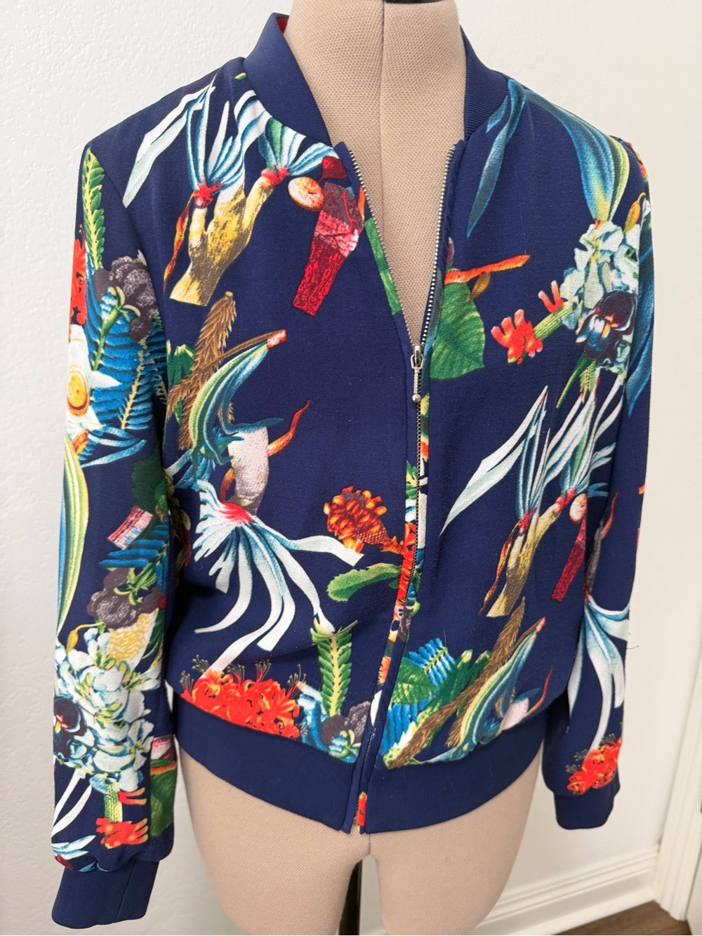 Philosophy Navy Floral Bomber Jacket with Multicolor Botanical Print